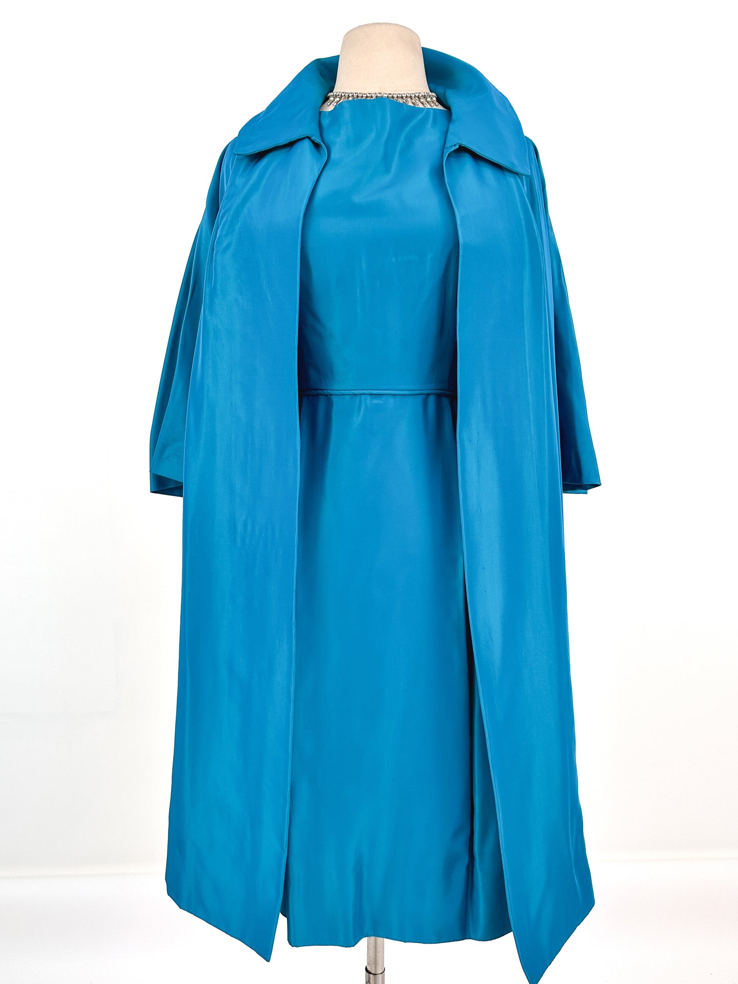 1950s Deep Aqua Satin Dress with Matching Swing Coat / Waist 30