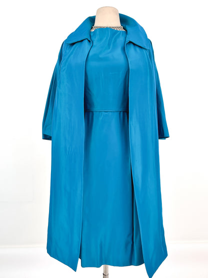 1950s Deep Aqua Satin Dress with Matching Swing Coat / Waist 30