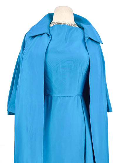 1950s Deep Aqua Satin Dress with Matching Swing Coat / Waist 30