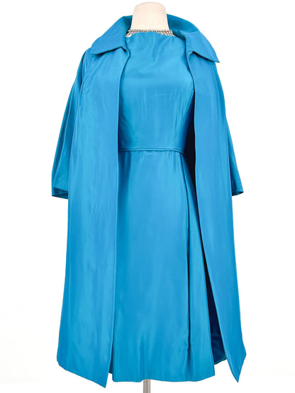 1950s Deep Aqua Satin Dress with Matching Swing Coat / Waist 30