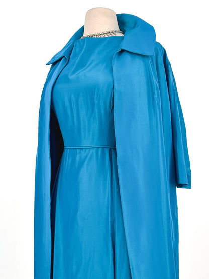 1950s Deep Aqua Satin Dress with Matching Swing Coat / Waist 30