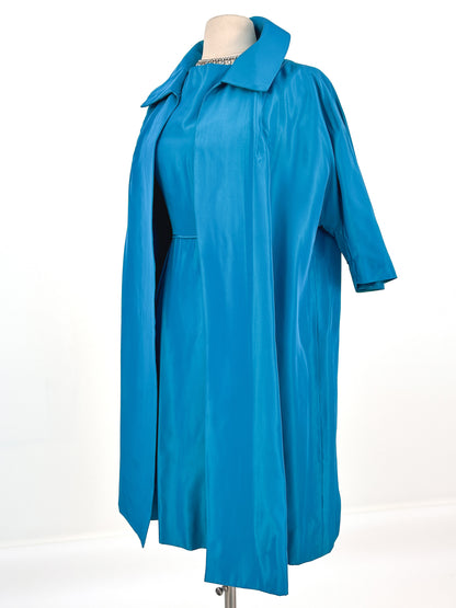 1950s Deep Aqua Satin Dress with Matching Swing Coat / Waist 30