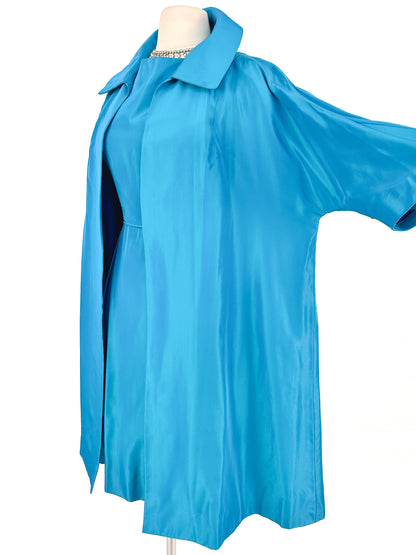 1950s Deep Aqua Satin Dress with Matching Swing Coat / Waist 30