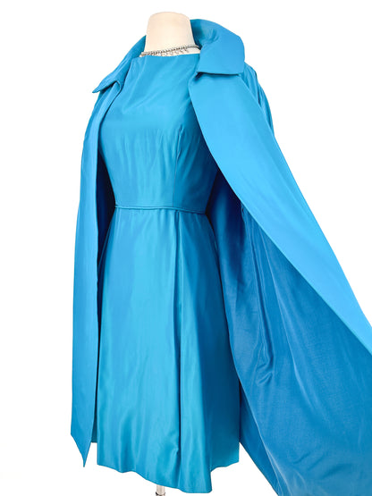 1950s Deep Aqua Satin Dress with Matching Swing Coat / Waist 30