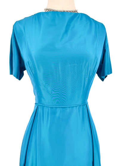 1950s Deep Aqua Satin Dress with Matching Swing Coat / Waist 30