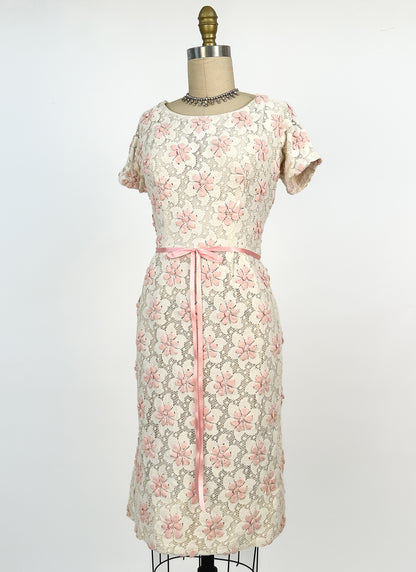 1960s Lace Wiggle Dress with Pink Flowers / Waist 26