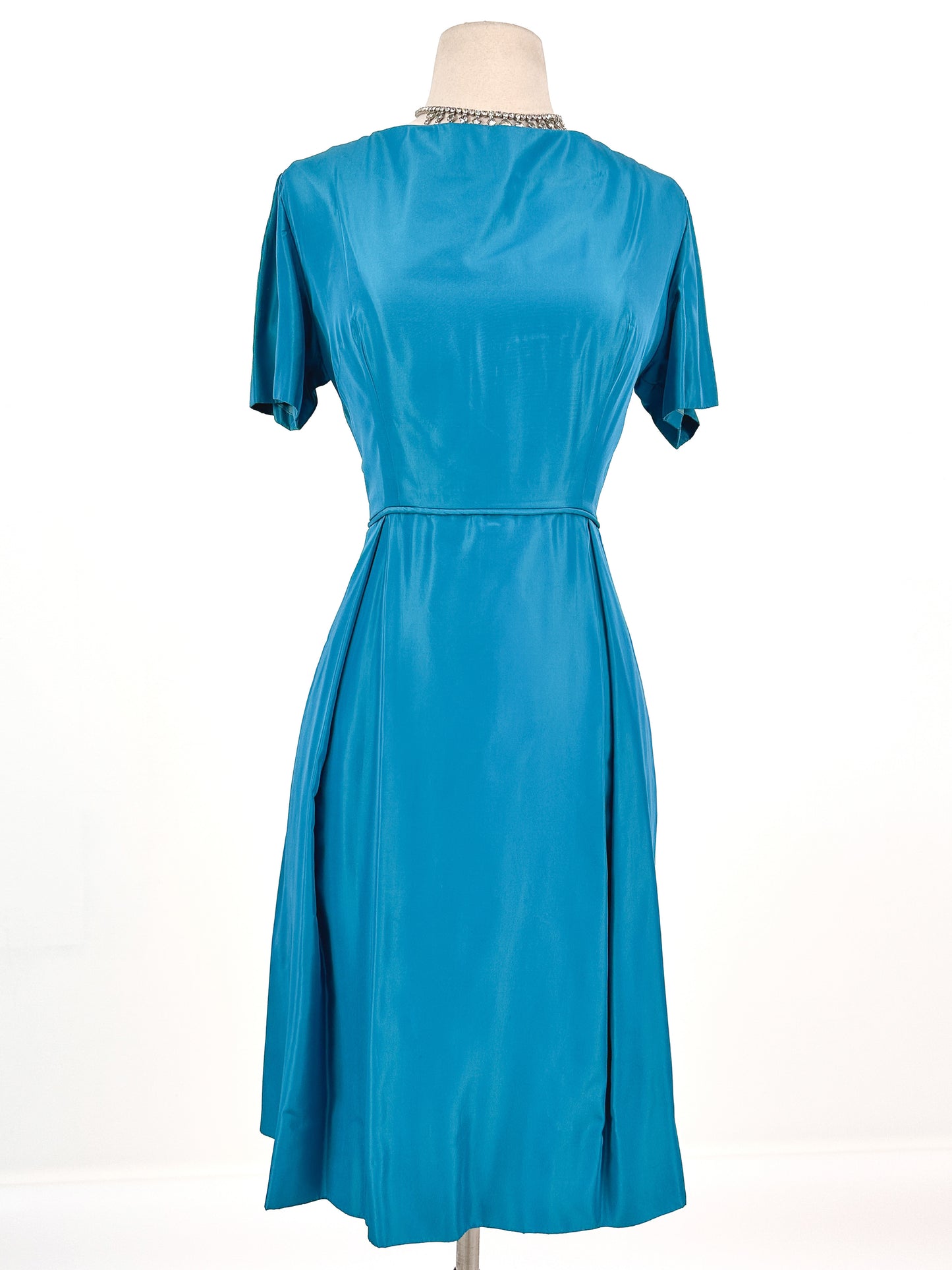 1950s Deep Aqua Satin Dress with Matching Swing Coat / Waist 30