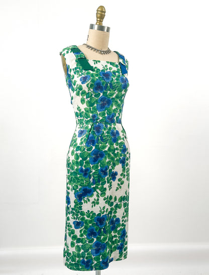 1950s Linen Floral Wiggle Dress / Waist 24