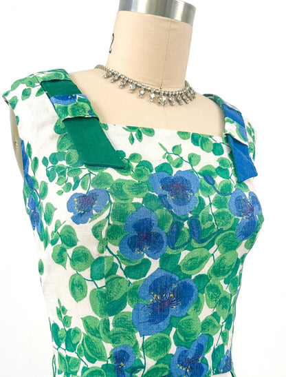 1950s Linen Floral Wiggle Dress / Waist 24