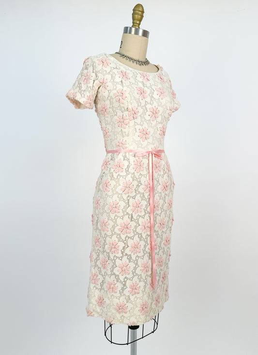 1960s Lace Wiggle Dress with Pink Flowers / Waist 26
