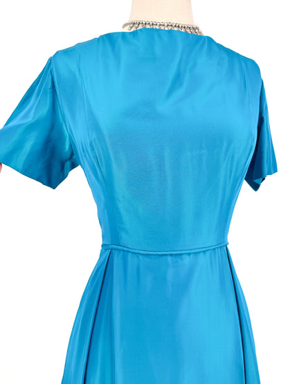 1950s Deep Aqua Satin Dress with Matching Swing Coat / Waist 30