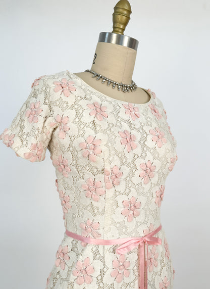 1960s Lace Wiggle Dress with Pink Flowers / Waist 26