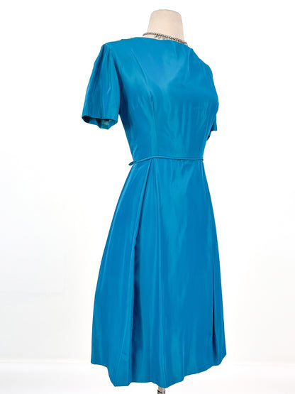 1950s Deep Aqua Satin Dress with Matching Swing Coat / Waist 30