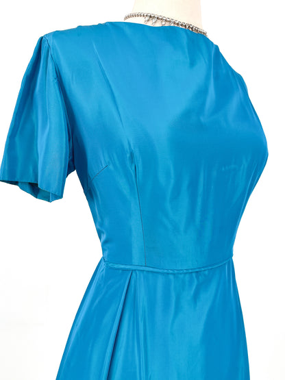 1950s Deep Aqua Satin Dress with Matching Swing Coat / Waist 30