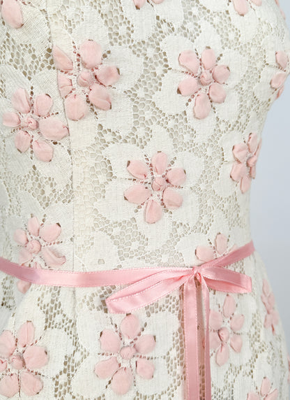 1960s Lace Wiggle Dress with Pink Flowers / Waist 26