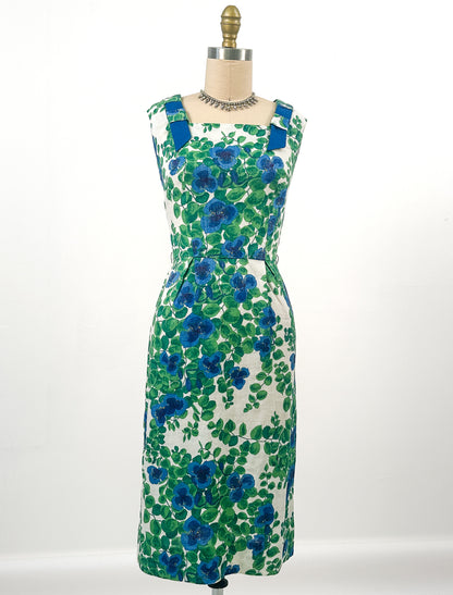 1950s Linen Floral Wiggle Dress / Waist 24