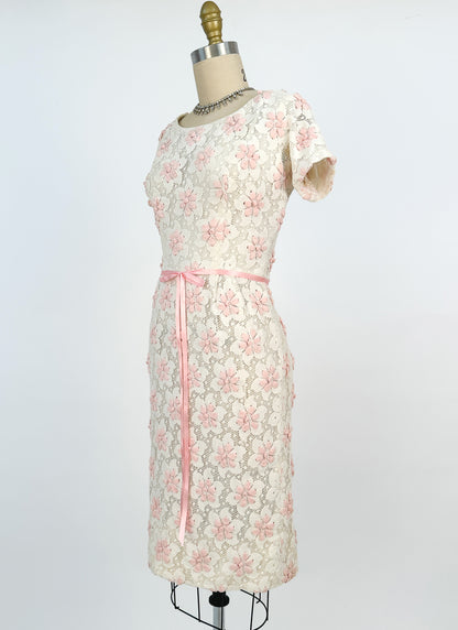 1960s Lace Wiggle Dress with Pink Flowers / Waist 26