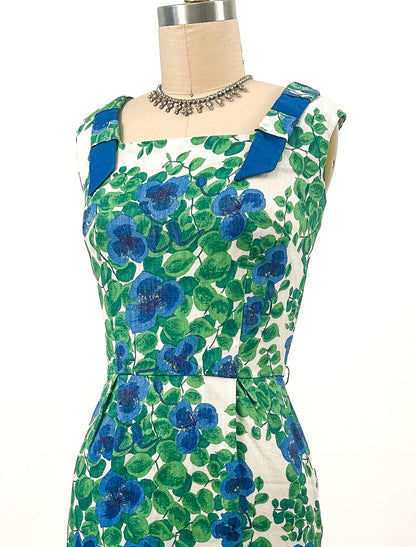 1950s Linen Floral Wiggle Dress / Waist 24