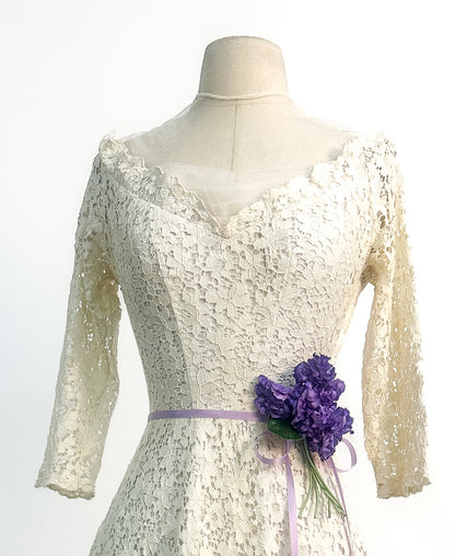 1950s Ivory Lace Wedding Dress with Illusion Neckline / Waist 26