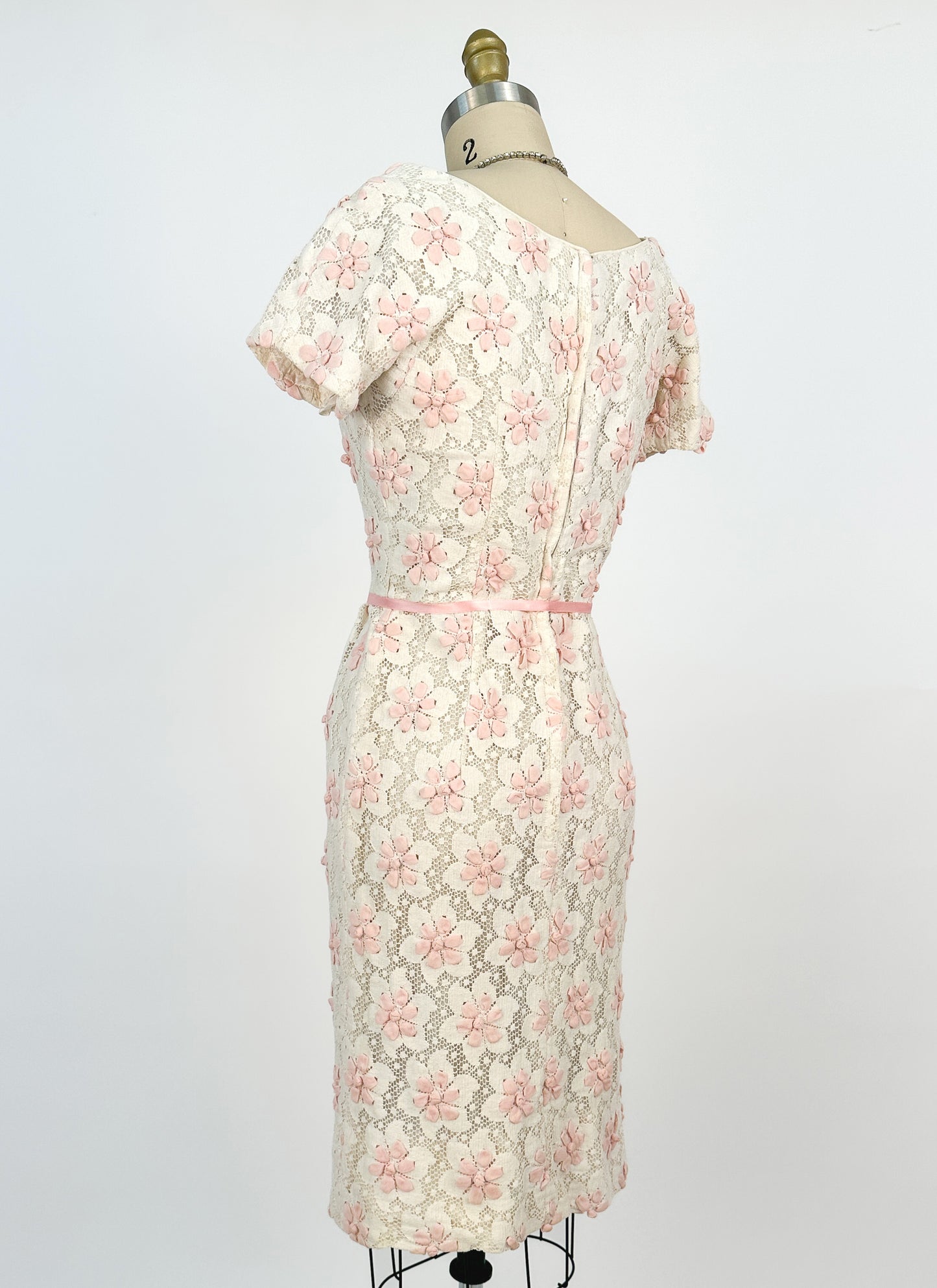 1960s Lace Wiggle Dress with Pink Flowers / Waist 26