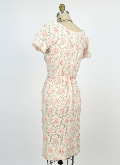 1960s Lace Wiggle Dress with Pink Flowers / Waist 26
