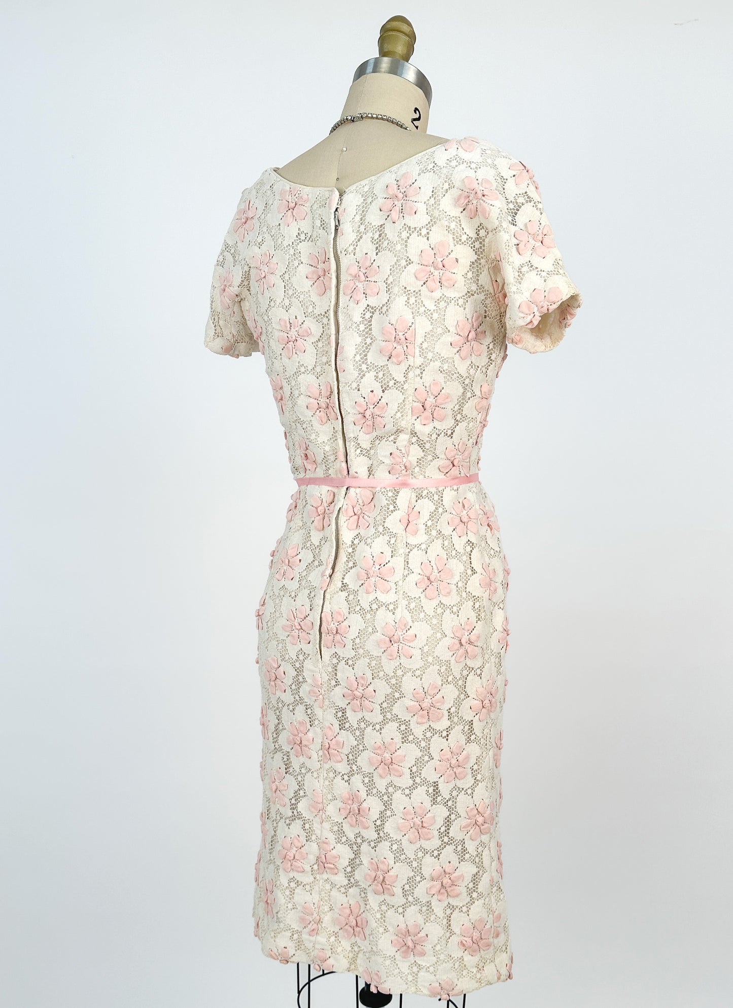 1960s Lace Wiggle Dress with Pink Flowers / Waist 26