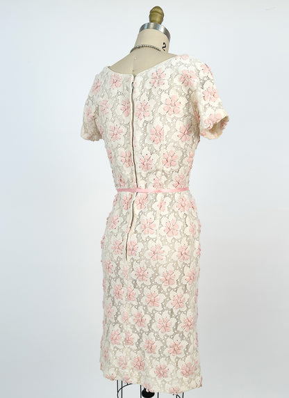 1960s Lace Wiggle Dress with Pink Flowers / Waist 26