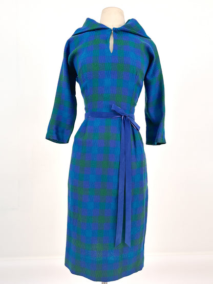 1950s Vibrant Plaid Wool Wiggle Dress / Waist 28