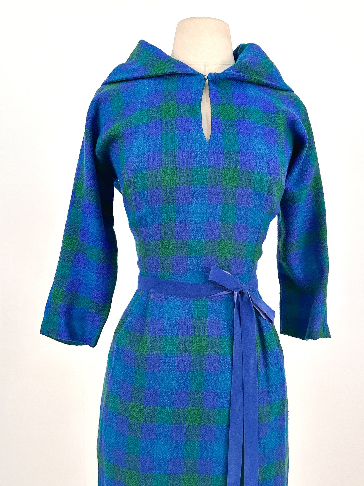 1950s Vibrant Plaid Wool Wiggle Dress / Waist 28