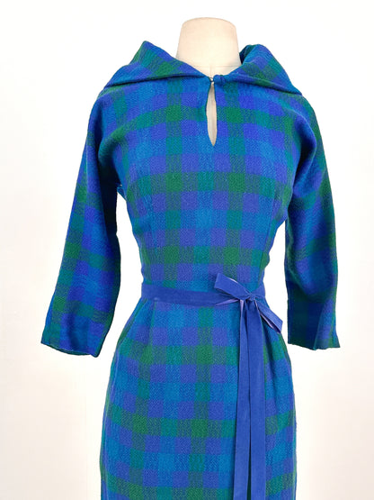 1950s Vibrant Plaid Wool Wiggle Dress / Waist 28