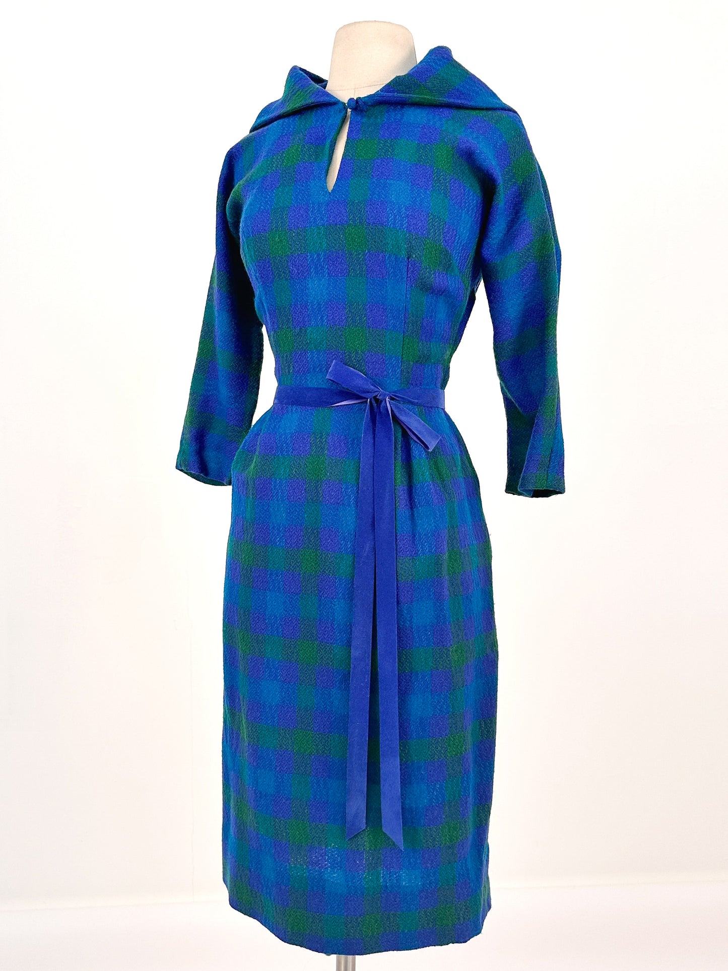 1950s Vibrant Plaid Wool Wiggle Dress / Waist 28
