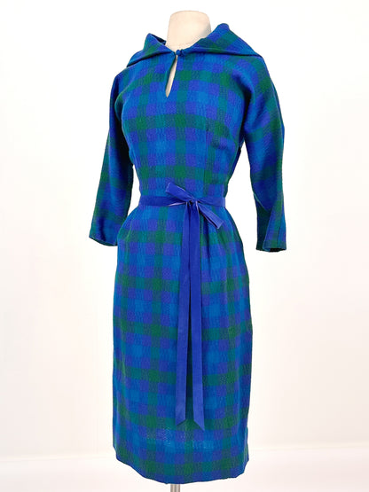 1950s Vibrant Plaid Wool Wiggle Dress / Waist 28