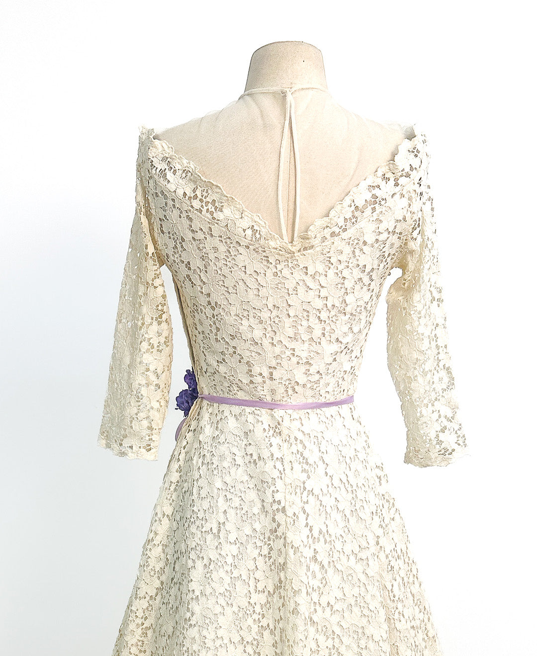 1950s Ivory Lace Wedding Dress with Illusion Neckline / Waist 26