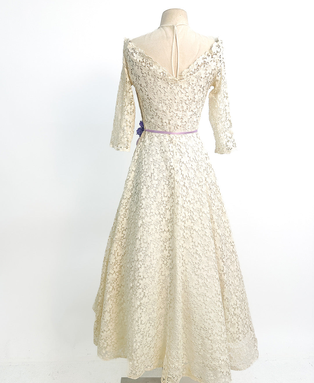 1950s Ivory Lace Wedding Dress with Illusion Neckline / Waist 26