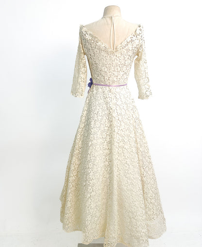 1950s Ivory Lace Wedding Dress with Illusion Neckline / Waist 26