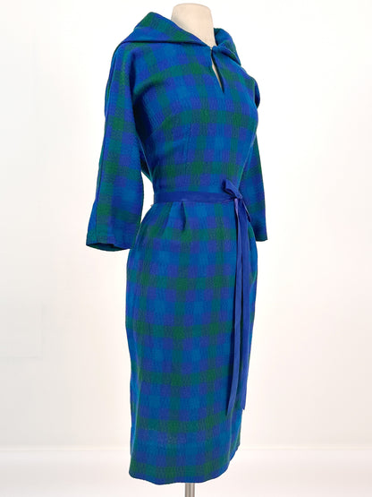 1950s Vibrant Plaid Wool Wiggle Dress / Waist 28
