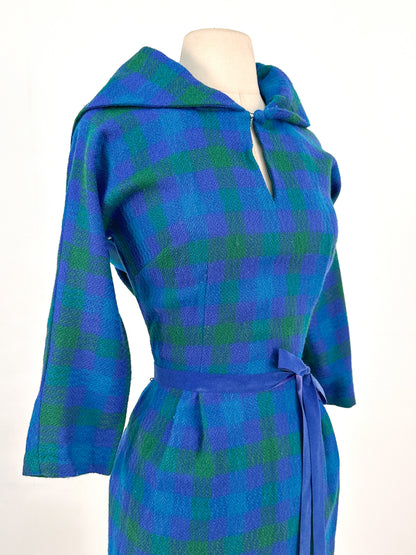 1950s Vibrant Plaid Wool Wiggle Dress / Waist 28