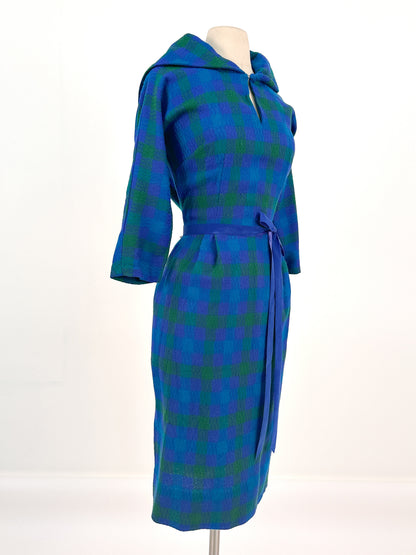 1950s Vibrant Plaid Wool Wiggle Dress / Waist 28