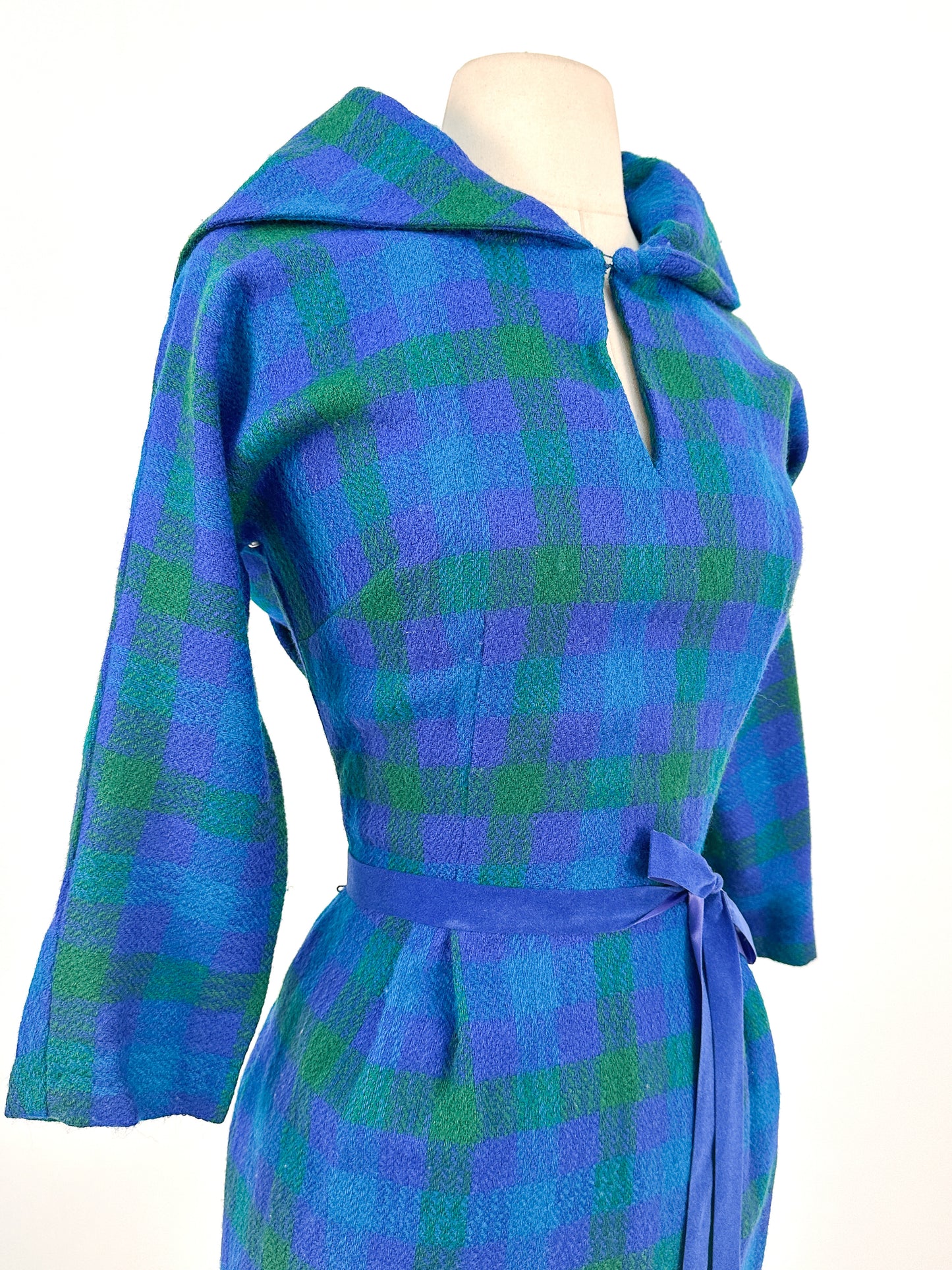 1950s Vibrant Plaid Wool Wiggle Dress / Waist 28