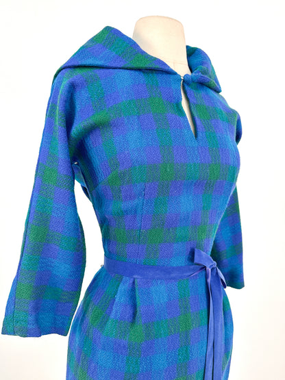 1950s Vibrant Plaid Wool Wiggle Dress / Waist 28