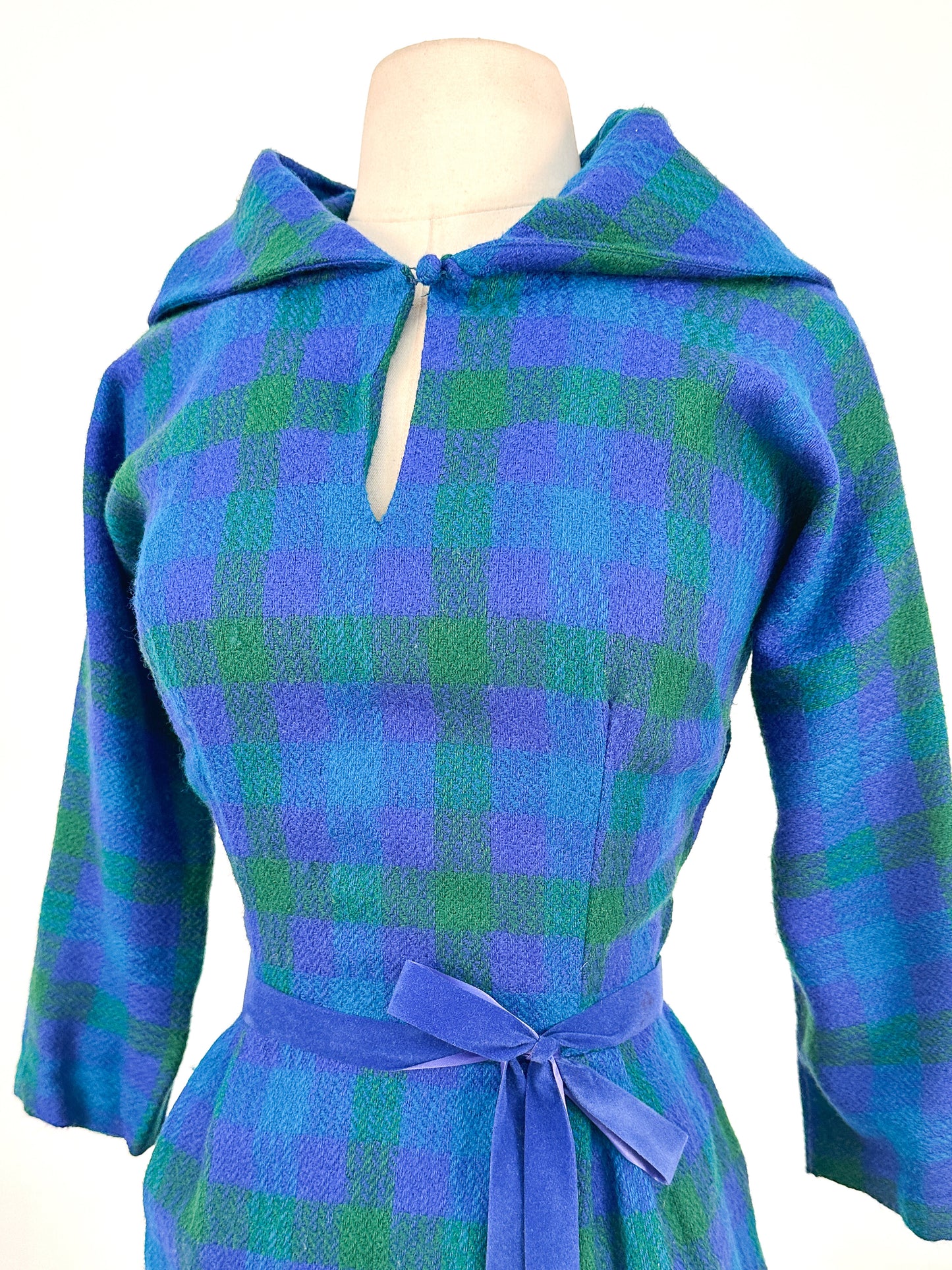 1950s Vibrant Plaid Wool Wiggle Dress / Waist 28