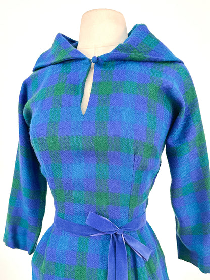 1950s Vibrant Plaid Wool Wiggle Dress / Waist 28