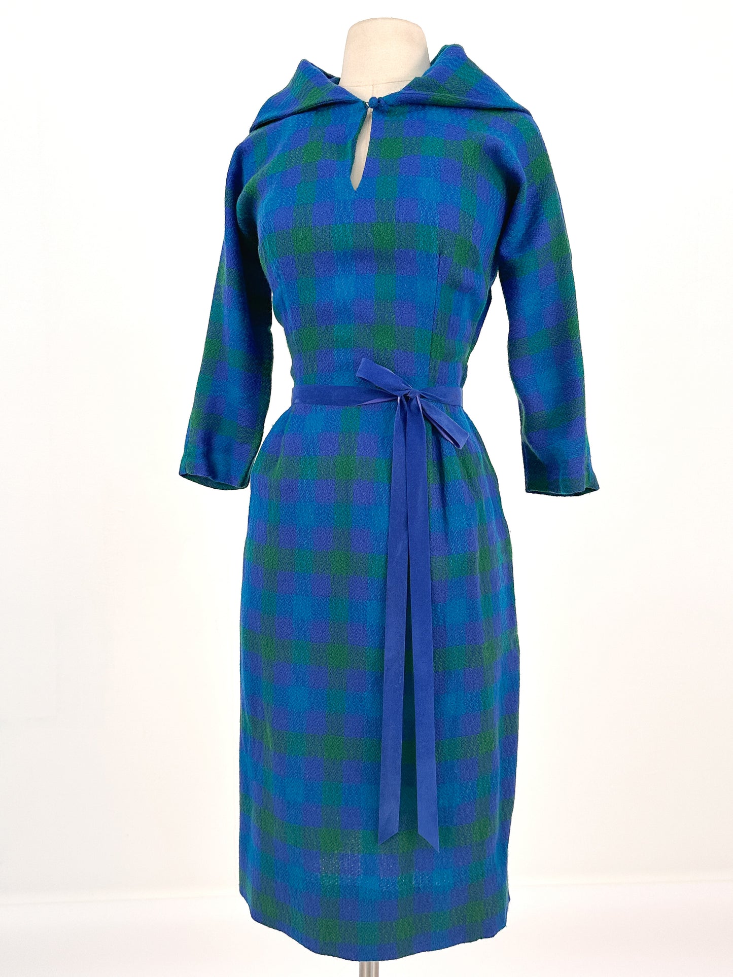 1950s Vibrant Plaid Wool Wiggle Dress / Waist 28