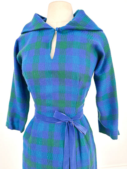 1950s Vibrant Plaid Wool Wiggle Dress / Waist 28