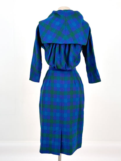 1950s Vibrant Plaid Wool Wiggle Dress / Waist 28