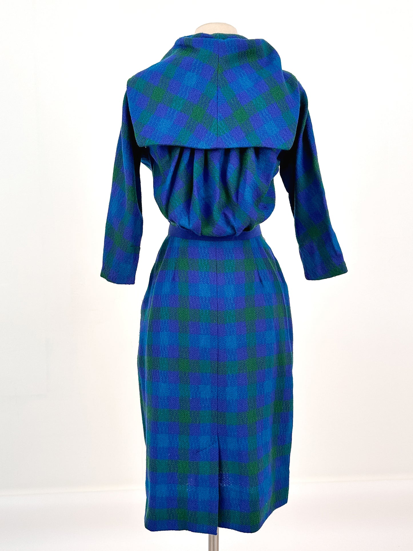 1950s Vibrant Plaid Wool Wiggle Dress / Waist 28