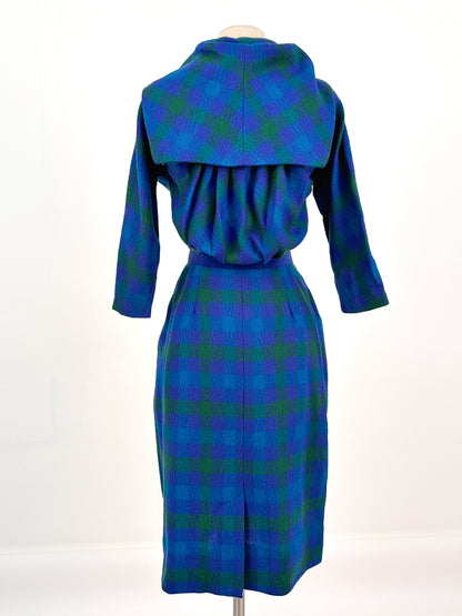 1950s Vibrant Plaid Wool Wiggle Dress / Waist 28