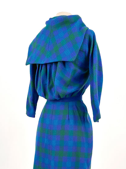 1950s Vibrant Plaid Wool Wiggle Dress / Waist 28