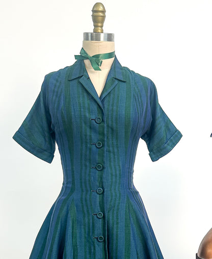 1950s Blue & Green Striped 'New Look' Dress / Waist 26