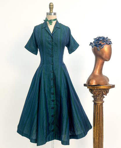 1950s Blue & Green Striped 'New Look' Dress / Waist 26